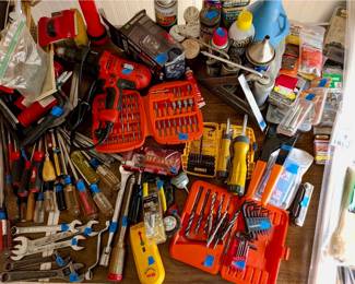 Various hand tools, drillbits wrenches