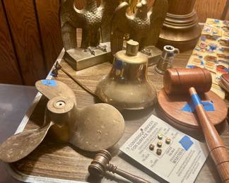 Vntg Solid, brass propeller $60, solid brass bell $45, Brass eagle vintage book ends $50