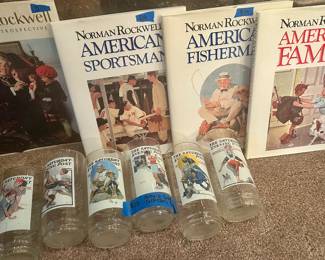 Norman Rockwell complete set of 6 Collector glasses $35 & hard back books