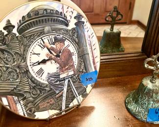 Marshall Fields time keeper with Clock plate $25; 6”h cast bronze Mission Bell $39