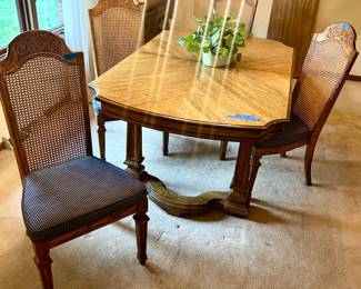 Burlington, North Carolina Dining Table w/ 1 leaf , 2 cloth seat, cane weave back arm Chairs, 4 straight back chairs Set $350
