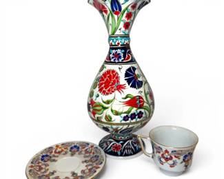IznikStyle Porcelain Vase w Kutahya Porselen Turkish Teacup  Saucer