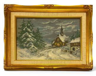 Snowy Church CrossStitched Wall Art w Gilded Frame