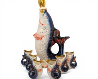 1970s Ukrainian Gorodnitsa Porcelain Family of Carps Fish Decanter  Shot Glass Set