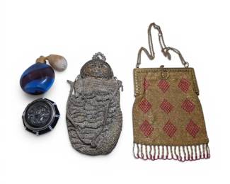 Vintage Mesh Coin Purses, Art Nouveau Beaded Change Purse,  Glass Perfume Bottle