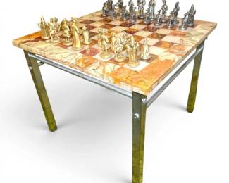 Marble Chess Board w Metal Pieces and Glass Table Base