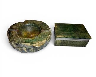 Vintage Romano Bianchi Green Alabaster Smoking Set  Ashtray  Cigarette Box