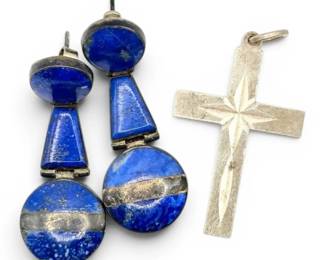 950 Silver Cross Pendant  Earrings w Lapis Lazuli 15g Total