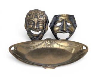 Brass Greek Comedy  Tragedy Theater Masks w Art NouveauStyle Tray