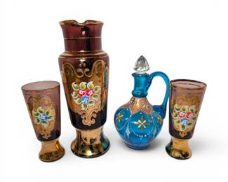 Bohemian HandPainted Gilt Floral Glass Pitcher, Cordials,  Blue Cruet