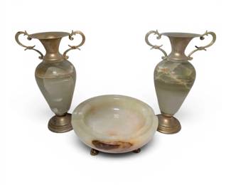 Green Onyx  Brass Ashtray w Candle Holders