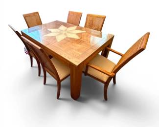 Oak Wooden Dining Table with Glass Top  Cane Back Chairs