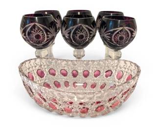 Bohemian Ruby Red CutToClear Crystal Wine Glasses  Oval Bowl