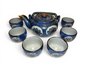 Handcrafted Blue Japanese Floral Stoneware Tea Set