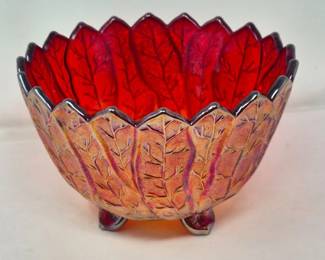Imperial Glass Iridescent Amberina Leaf Bowl Footed, Hallmarked