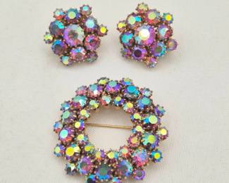 Crown Trifari Pink-Blue Aurora - Circle Brooch, Earrings