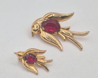 1940s Coro Pegasus Red Stone Bird Pins
