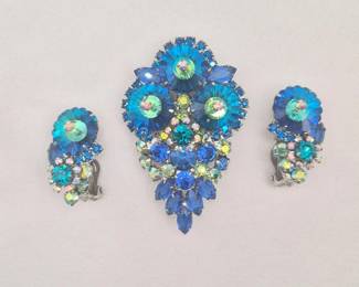 Juliana Style Peacock Blue Brooch, Clip Earring Set
