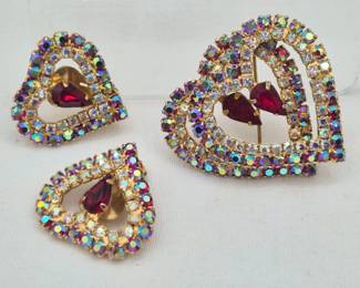 Red Peacock Aurora Double Heart Pin, Earring Set