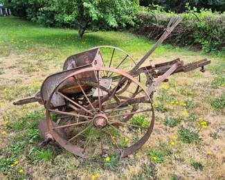 Rustic Steel Horse-Drawn Potato Planter Yard Art