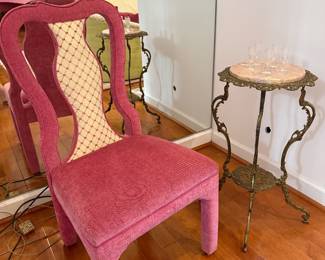 Queen Anne style upholstered chair / Marble top, brass accent table
