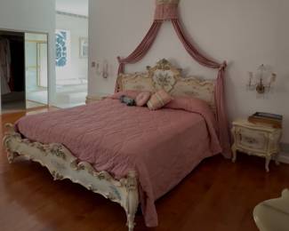Silik "Elena" King size bed w/bedcrown. Made in Italy, hand carved, painted, color shaded, gilded