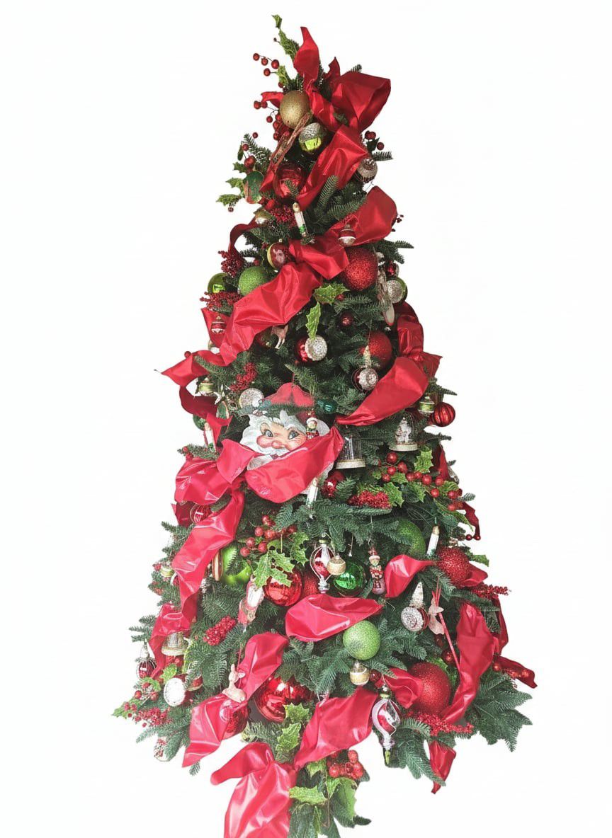 Decorated Christmas 8ft Tree with Ornaments and Ribbons