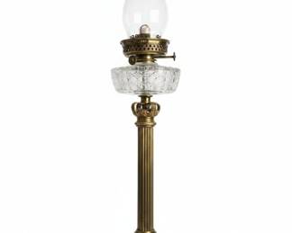 Victorian Brass and Crystal Oil Lamp with Lion Head Motif
