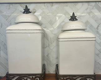 White Ceramic Ginger Jars with Acanthus Leaf Metal Accents