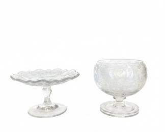 Etched Glass Compote and Footed Bowl