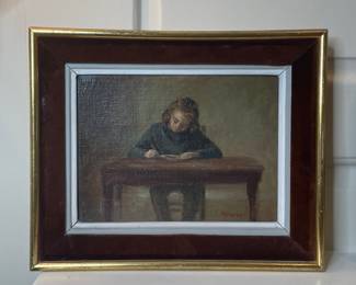 George Doing Homework Oil on Board by Margot Russell