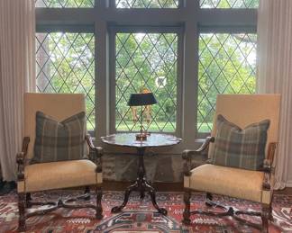 Antique Carved Mahogany Armchairs with Pedestal Table and Lamp