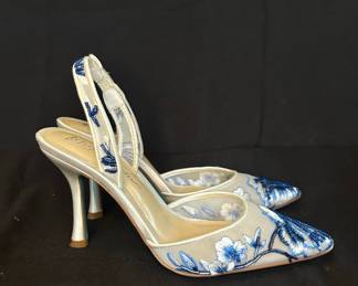 Betsey Johnson Blue Floral Embroidered Slingback Heels