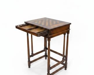 Antique Inlaid Wood Game Table with Chess and Backgammon