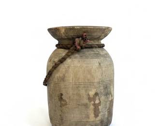 Vintage Indian Wooden Pot with Rope Accent