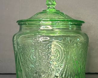Green Depression Glass Cookie Jar with Lid