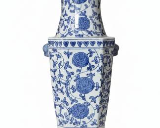 Vintage Blue and White Porcelain Hexagonal Vase