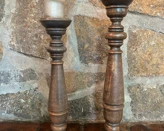 Wooden Turned Candlesticks with Metallic Base Accent