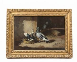 Pigeons Protecting Their Young Oil on Copper by Federico Jimenez Y Fernandez