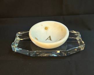 Vintage Monogrammed Marble and Crystal Ashtray
