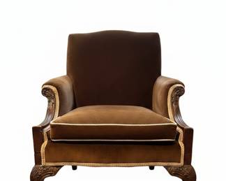 Brown Velvet Upholstered Armchair with Carved Legs Antique