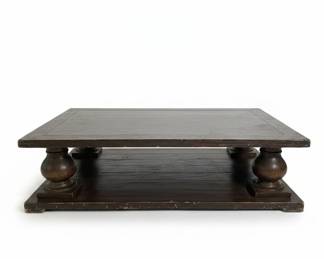 Large Dark Wood Coffee Table with Turned Legs and Lower Shelf