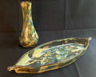 Studio Pottery Leaf Shaped Vase and Tray Signed