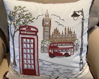 Embroidered London Scene Decorative Pillow