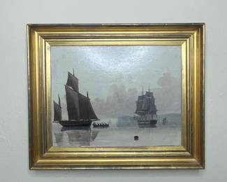 Revenue Lugger Examining a Merchant Ship Off the South Foreland, Edward B Lea Oil on Panel