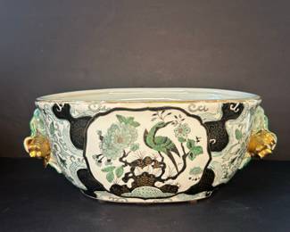 Chinese Export Porcelain Punch Bowl with Gilt Dragon Handles, Famille Verte