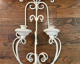 Ornate White Metal Double Candle Sconce