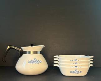 CorningWare Blue Cornflower Coffee Pot and Ramekins