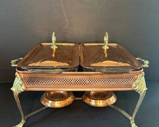 Vintage Copper and Brass Double Chafing Dish with Ornate Stand