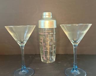 Vintage Etched Cocktail Shaker and Blue Stem Martini Glasses Set